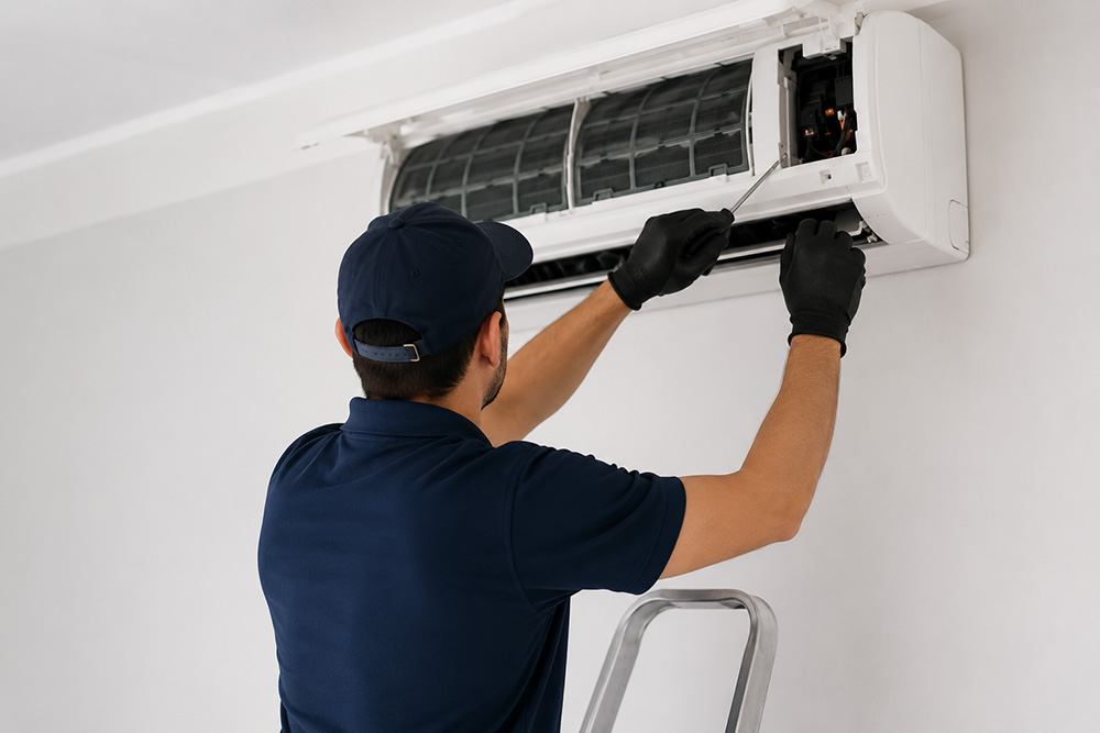 Technician servicing a wall-mounted air conditioner